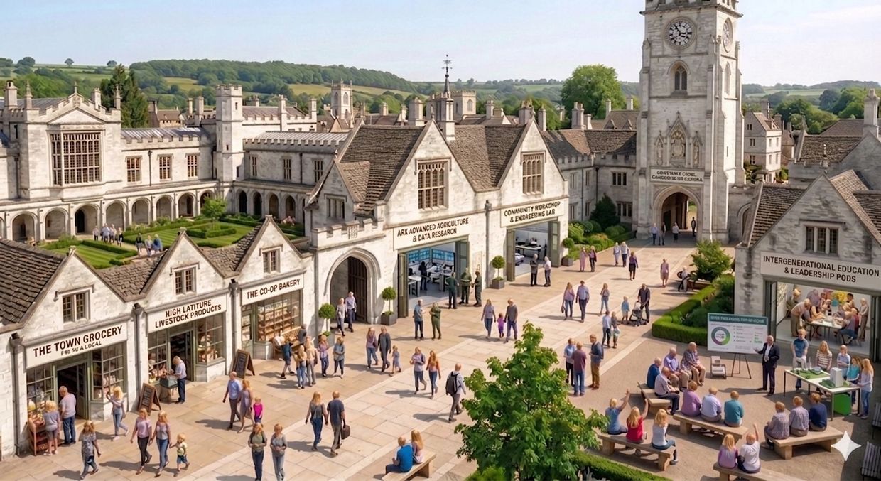 A lively village square with shops, research labs, and community education spaces.