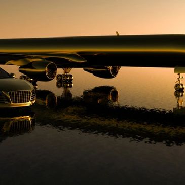 Man looking at a golden motorbike, sports car and private plane concept 3d render