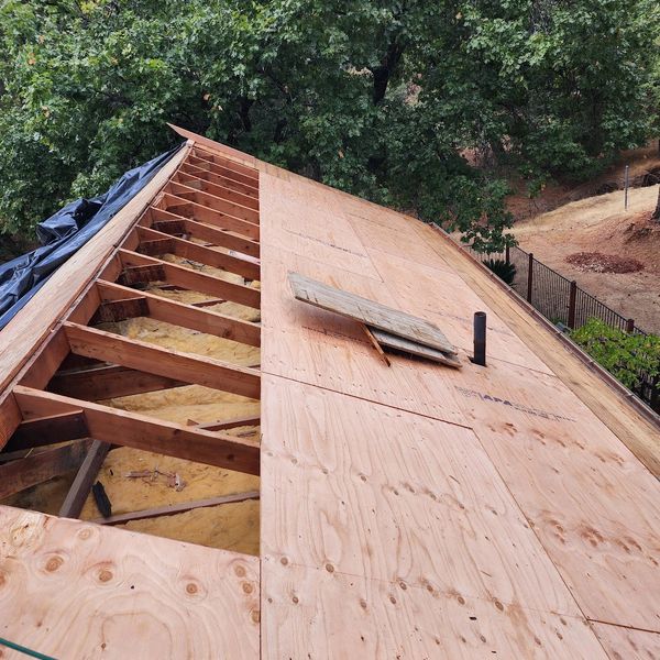 Replacing rotten plywood with 5/8 CDX on entire roof deck in Sonora, CA.