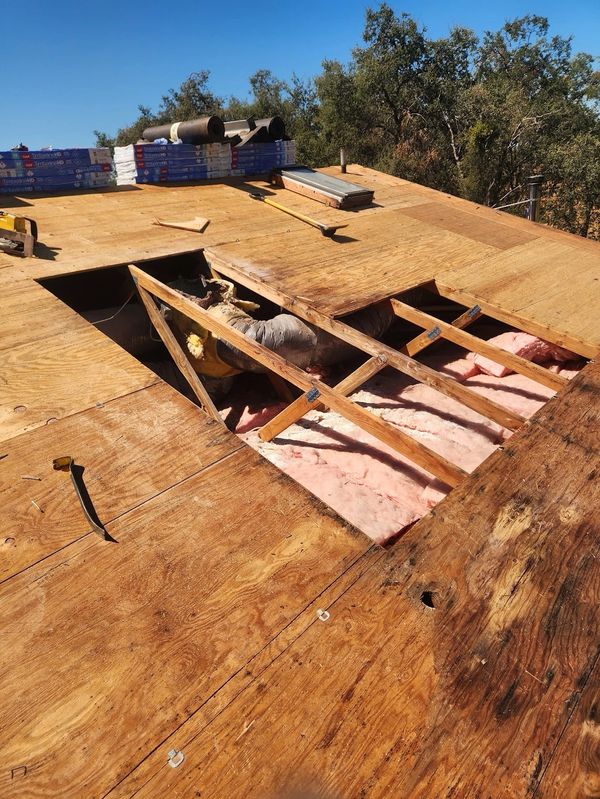 Swamp cooler removal and rotten 5/8 CDX plywood deck replacement in Manteca, CA.