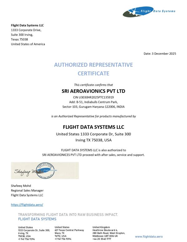Certificate authorizing SRI Aeroavionics Pvt Ltd as representative for Flight Data Systems LLC.