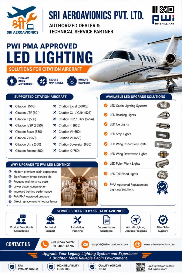 Advertisement for Sri Aeroavionics' approved LED lighting solutions for Citation aircraft.