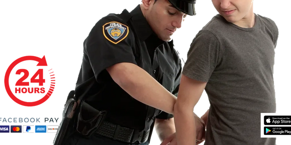 Police officer handcuffing a young man, with 24-hour service and payment options shown.