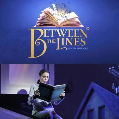Promotional image for 'Between the Lines' musical with a performer reading a book.