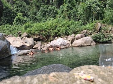 Four men relaxing in a natural rock pool surrounded by greenery.
