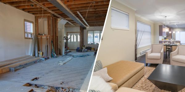 Before and after home renovation showing unfinished and finished living areas.