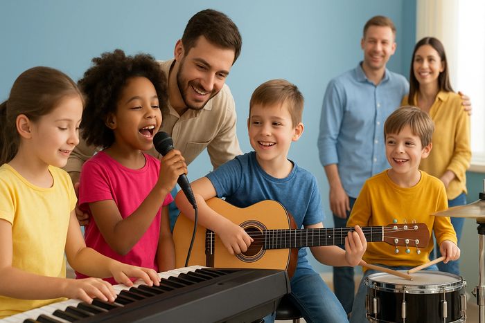 Children playing musical instruments and singing with an adult guiding them.