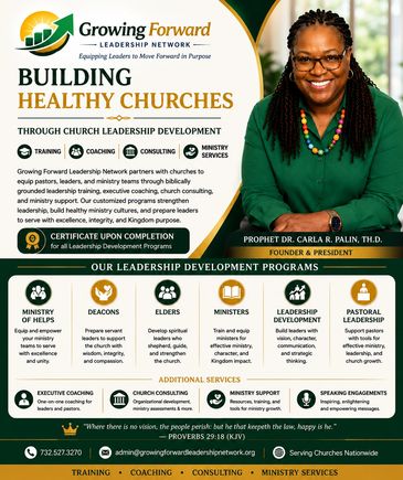Promotional flyer for Growing Forward Leadership Network's church leadership training.