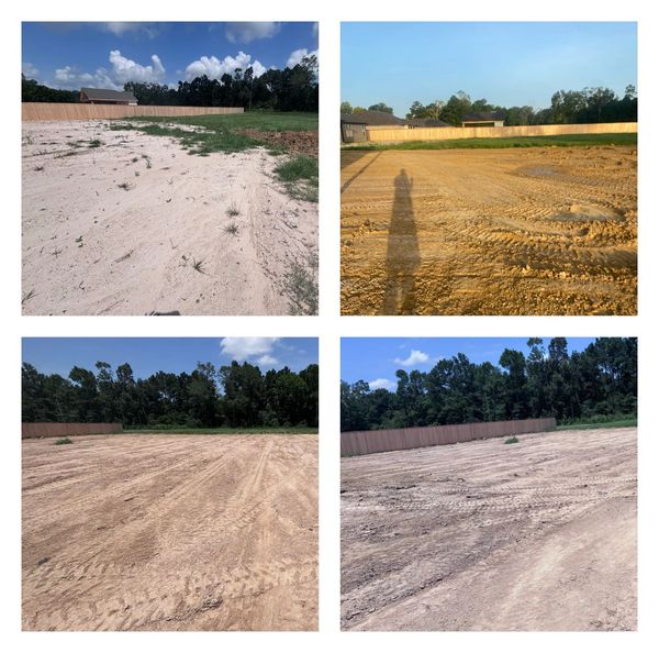Four images of a cleared plot of land with minimal grass and a wooden fence.