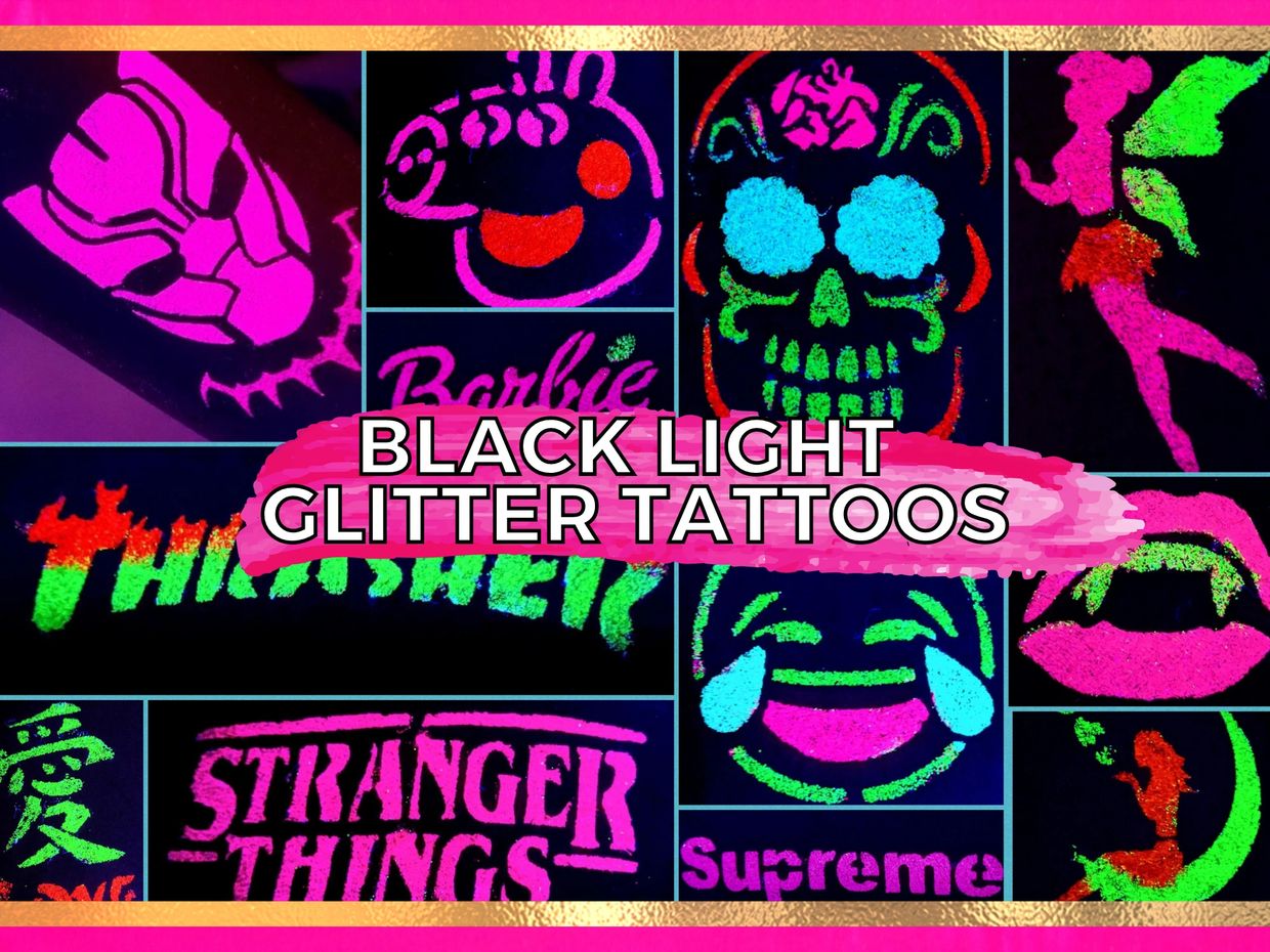Collage image showcasing Black Light Glitter Tattoos on various faces