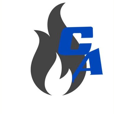 Black flame shape with blue letters C and A.