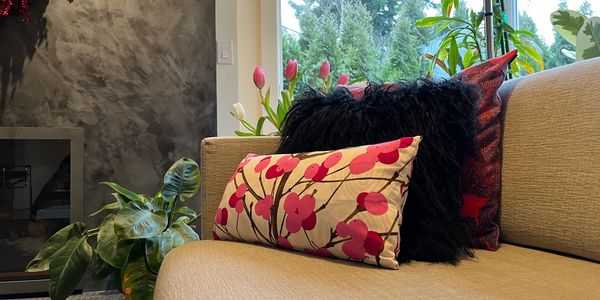 Pillows on a couch in front of a black, concrete fireplace.