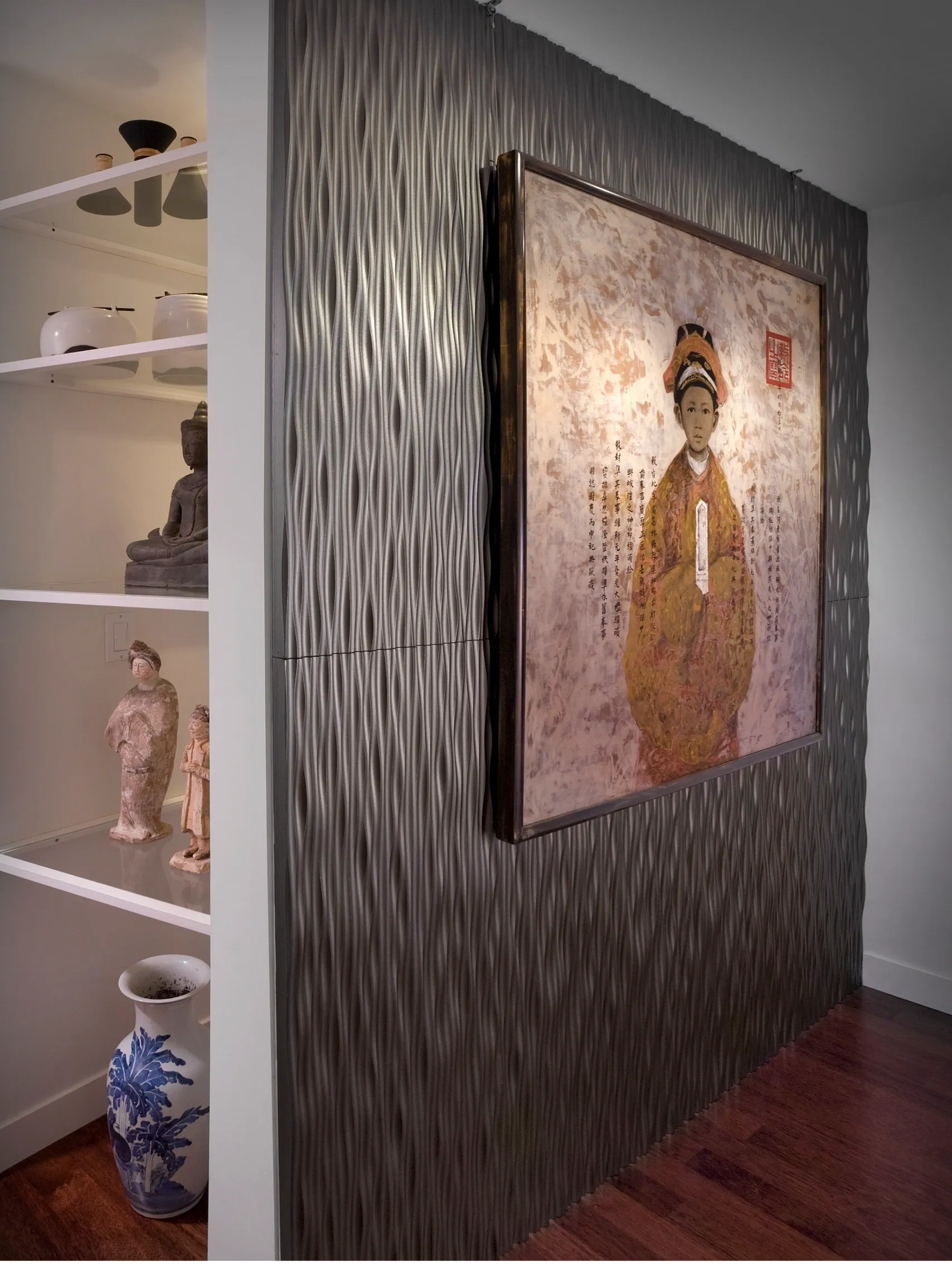 Vietnamese painting of a boy emperor and Chinese sculptures in niches