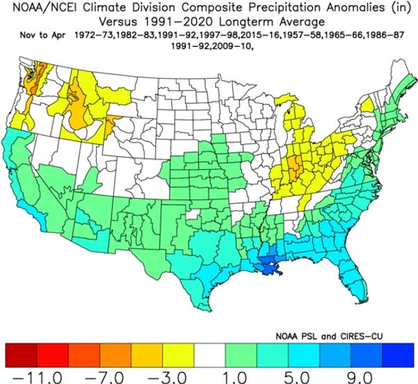 Analog precipitation anomaly for all strong and very strong ENSO El Nino.