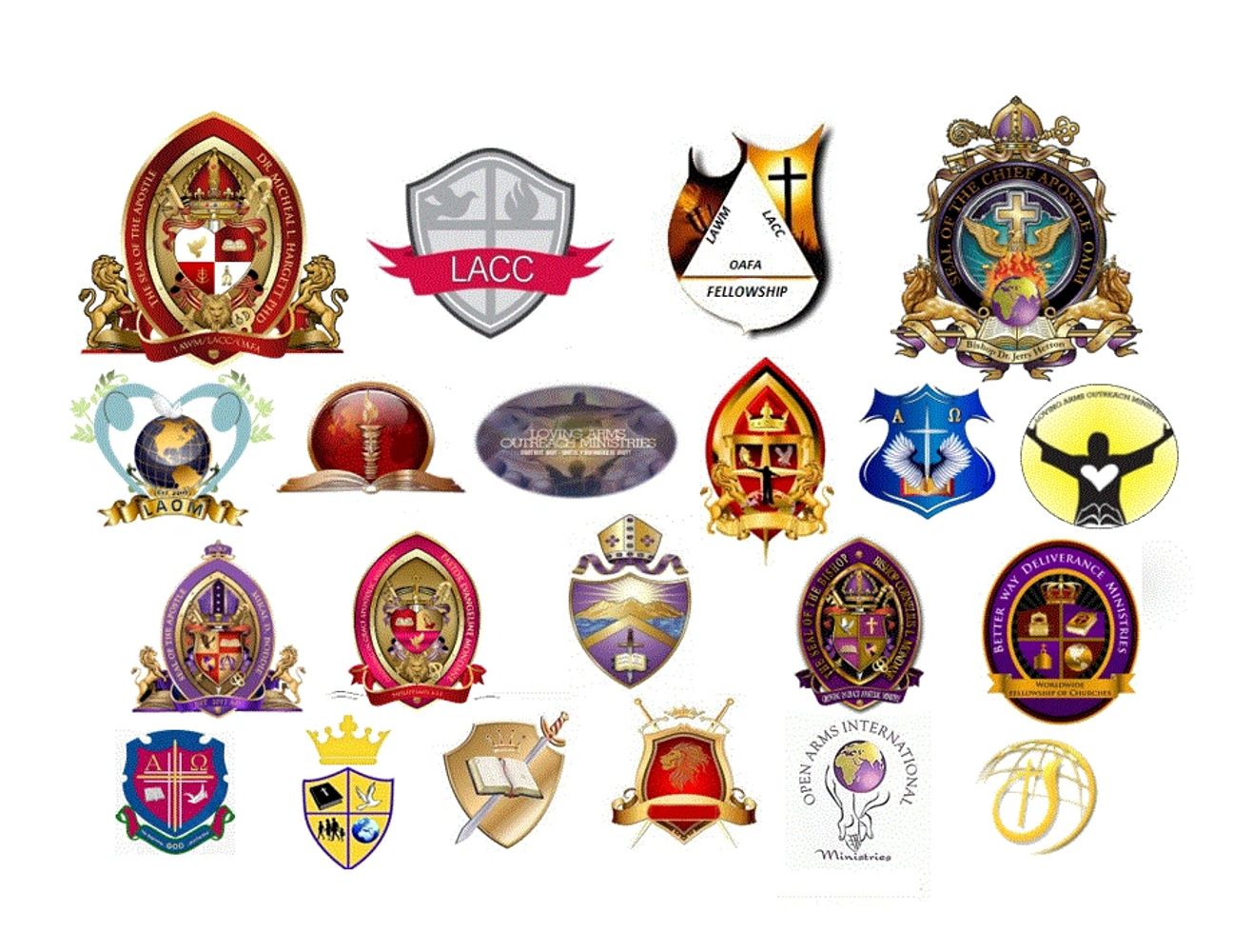 Collection of various colorful church and ministry logos with shields and religious symbols.