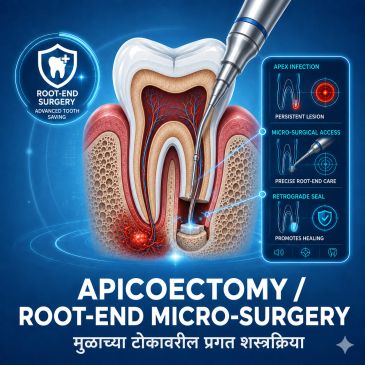 Tooth surgery illustration showing apicoectomy, root-end infection removal and retrograde seal for a