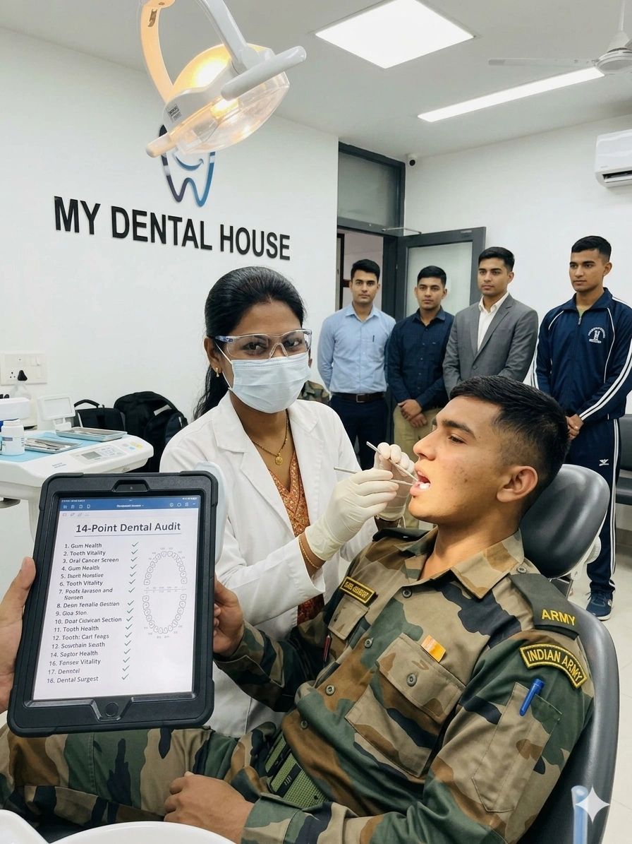 Dentist examining an Indian Army soldier at My Dental House clinic.