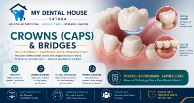 Dental service advertisement for crowns and bridges.
