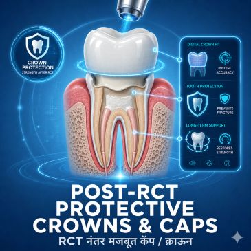 Root canal treated tooth illustration showing a protective dental crown for strength, fit and long-t