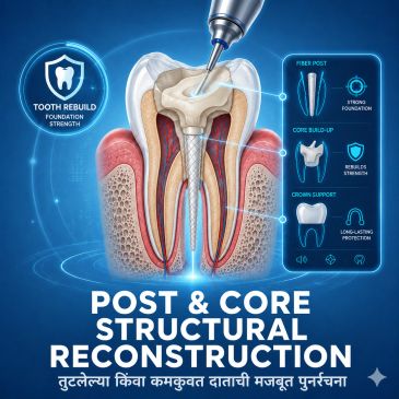 Tooth reconstruction illustration showing fiber post placement and core build-up for a weak or broke