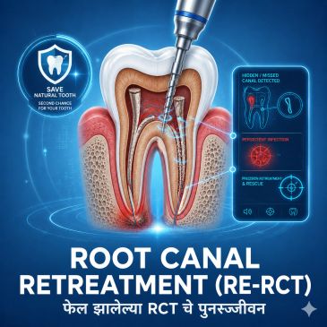 Tooth illustration showing root canal retreatment for a failed RCT with missed canal detection and i
