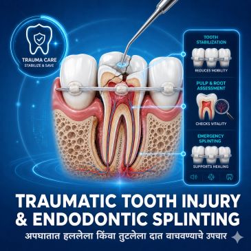 Injured front tooth illustration showing cracked tooth trauma, pulp assessment and endodontic splint