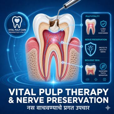 Tooth illustration showing vital pulp therapy with protective medicament placement to preserve the n