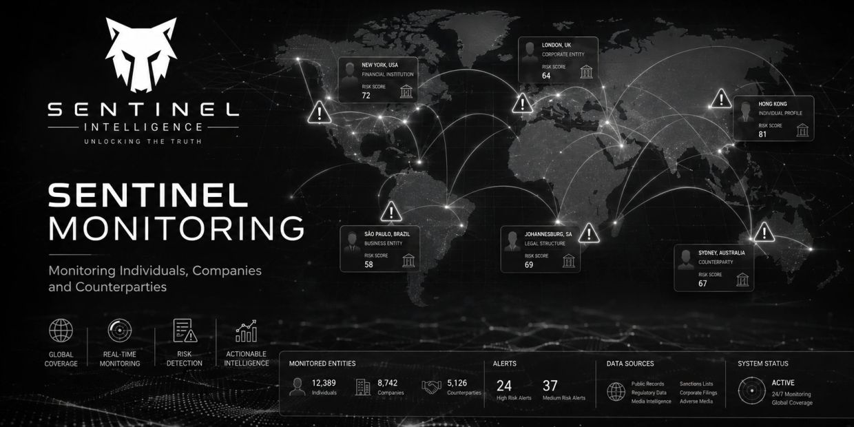 Sentinel Intelligence global risk monitoring dashboard with mapped entities.