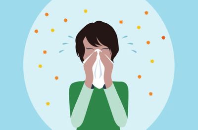 Youngster sneezing in a cartoon, surrounded by pollen