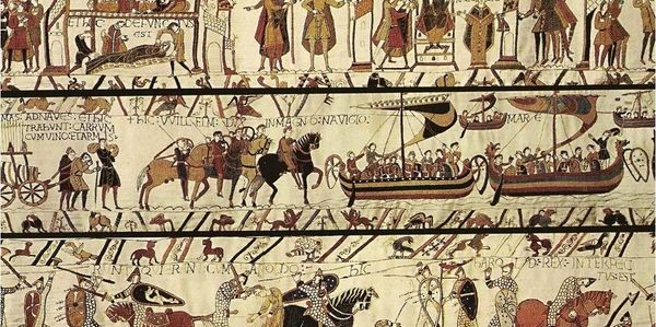 Medieval tapestry depicting knights, horses, and ships in battle scenes.