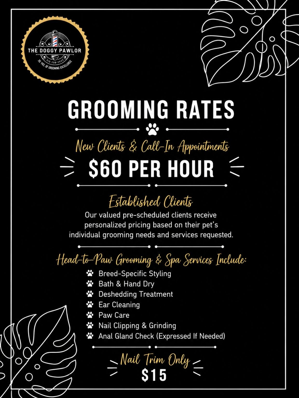 Dog grooming prices at The Doggy Pawlor with detailed service options and rates.