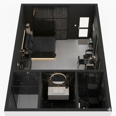 Modern black-themed studio apartment with bed, kitchen, dining area, and bathroom.