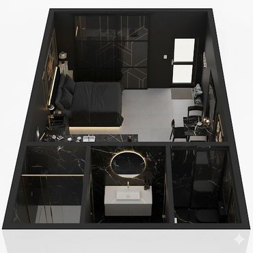 Modern black-themed studio apartment with bedroom, bathroom, and small dining area.