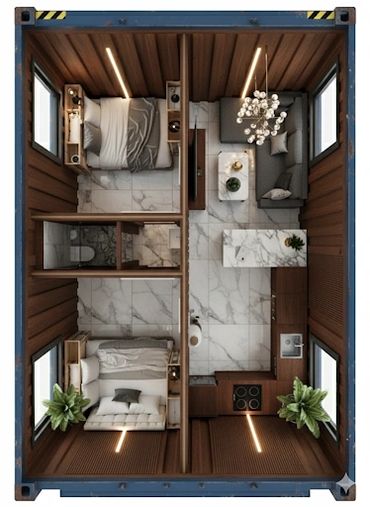 Compact modern container home with living, kitchen, bathroom, and two beds.