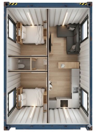 Compact container home layout with two bedrooms, a bathroom, and a combined living and kitchen area.
