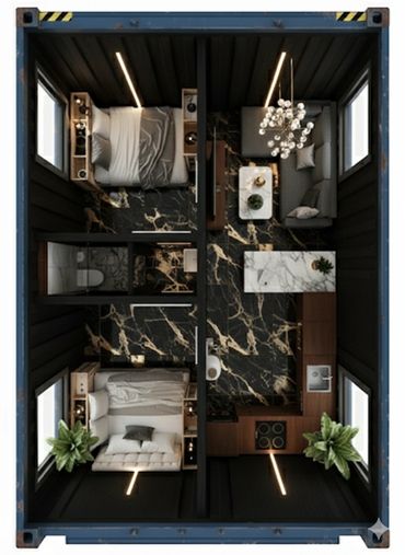 Modern compact home layout with two bedrooms, kitchen, living area, and bathroom.