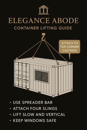 Container lifting guide with safety tips for Elegance Abode containers.
