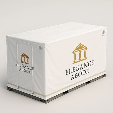 White outdoor storage shelter with 'Elegance Abode' branding and a zippered entrance.