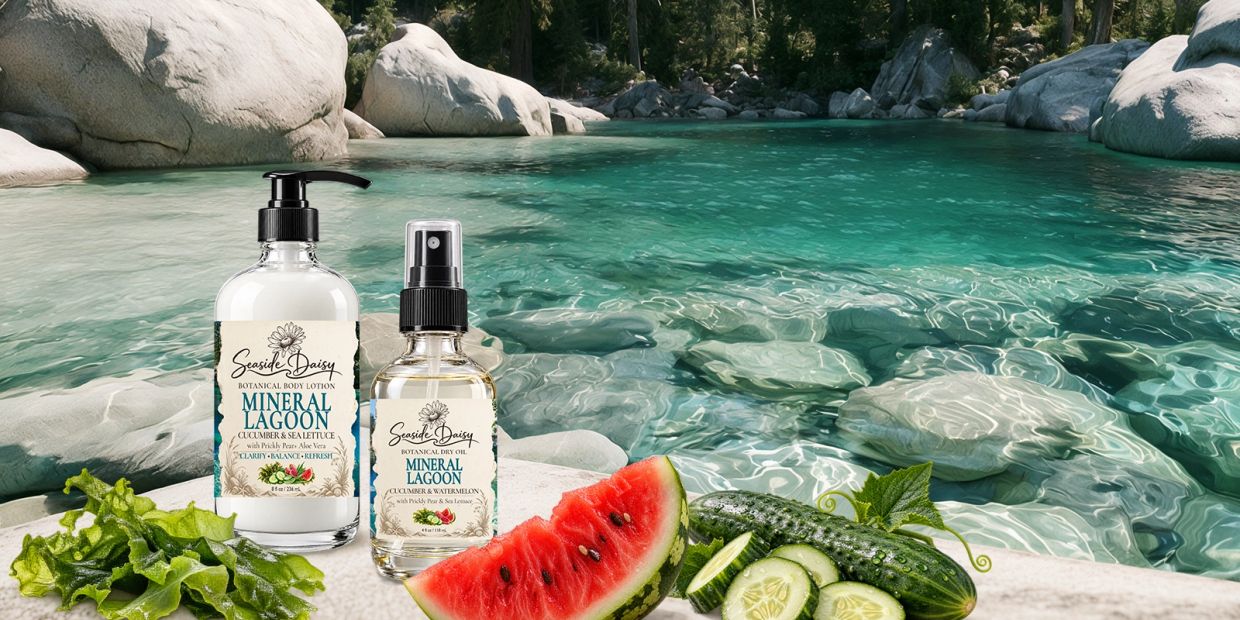 Mineral Lagoon skincare products by a clear lagoon with fresh cucumber, watermelon, and sea lettuce.