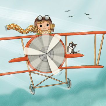 illustration of a little girl flying a plane