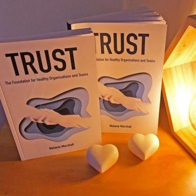 Two copies of Melanie's book trust illuminated by a shining light.