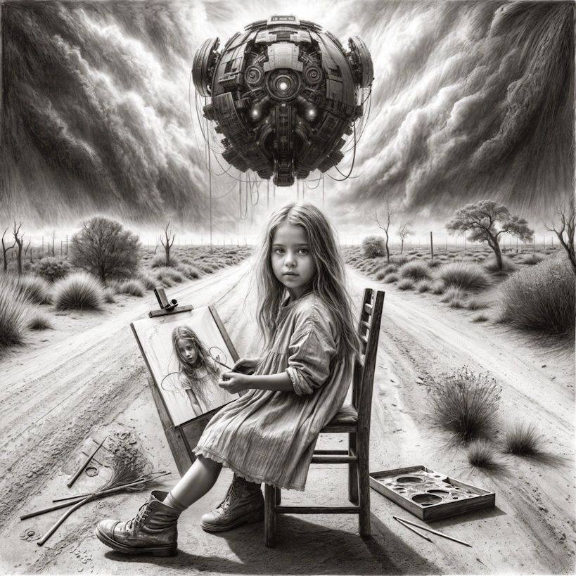 A small girl, dressed in rags, sits on a chair in the middle of a road painting. Above her, a flying