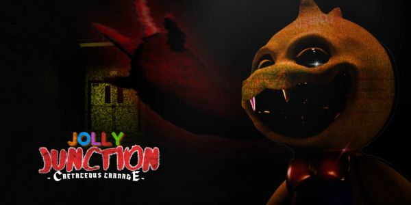 Creepy pumpkin character with dark background and Jolly Junction logo.