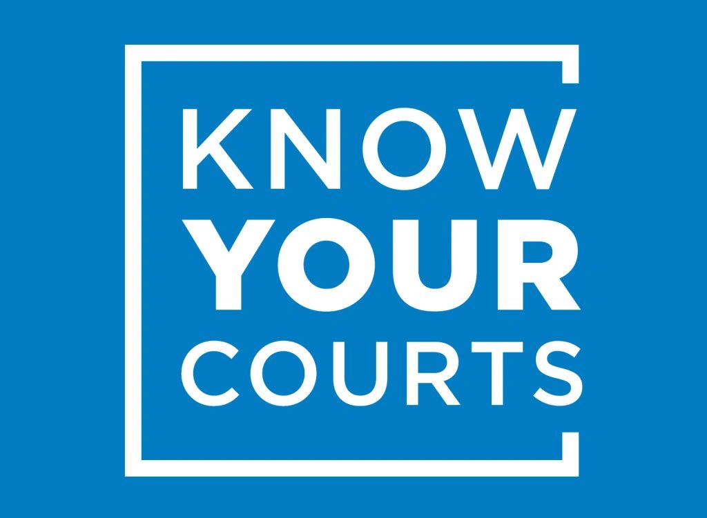 Know Your Courts in white lettering with bright blue background