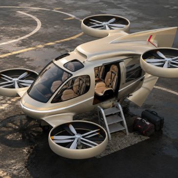 A sleek, modern personal aerial vehicle with four large rotors.