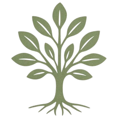 Stylized tree with green leaves and roots graphic.