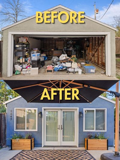 Before and after of a Sacramento garage converted into a custom ADU with updated exterior and new li
