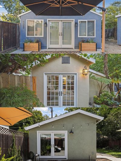 Three ADU garage conversions in Sacramento, showcasing modern exterior designs and separate living u
