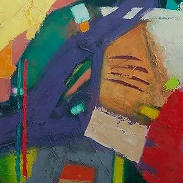 Abstract painting with vibrant colors and geometric shapes.