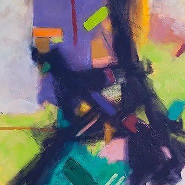 Abstract painting with vibrant shapes and bold colors.